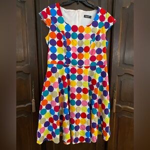 Colorful cap sleeve polka dot dress on white background 2X fits like 1X